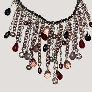 Cold Creek Multi Chain Fringe Necklace White Clear Black Red Accents Soup Bead